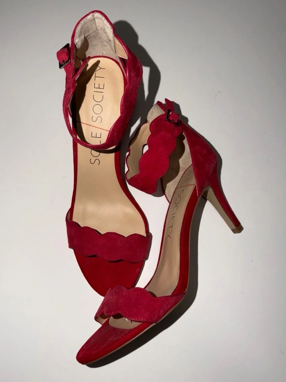 Sole Society Red Scalloped Suede Ankle-Strap Heels